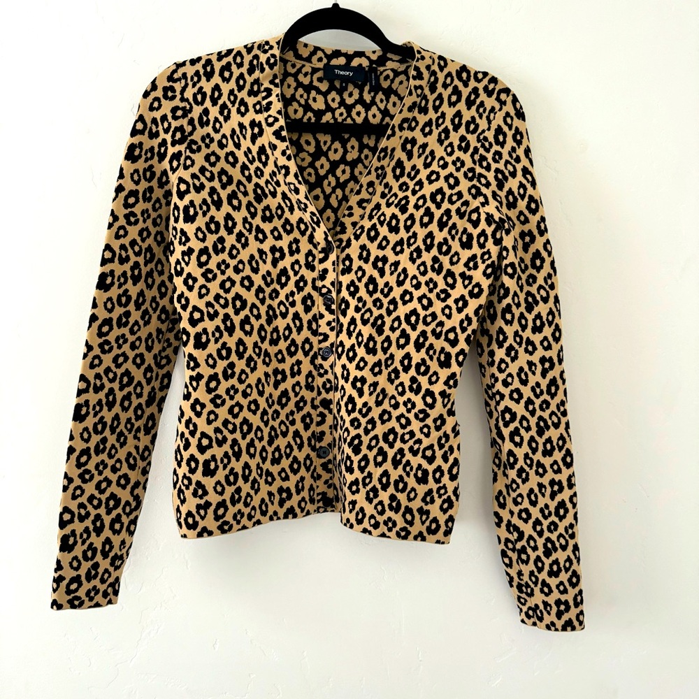 Theory Leopard Animal Print Cardigan Sweater Tan & Black Stretch Knit | Size S